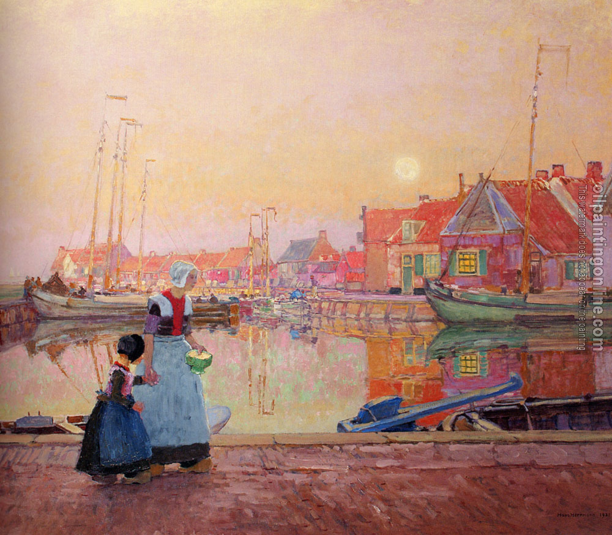 Hans Herrmann - A Dutch Fishing village At Dusk With Figures On A Quay